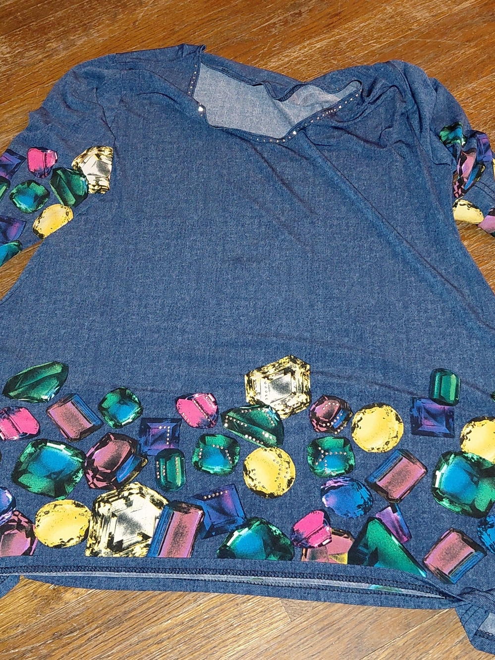 Valentina Blue Denim-Look Knit Top with Black Tag Detail
